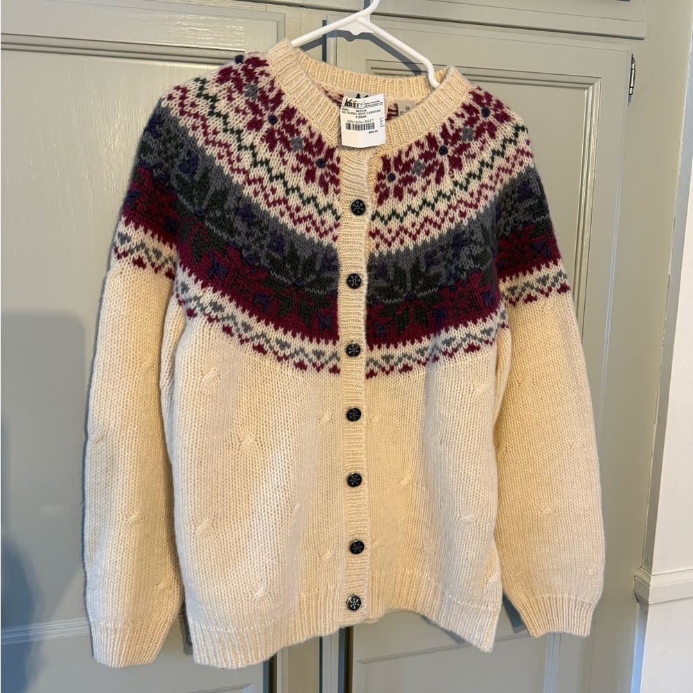 NWT Vintage REI 100% Wool Cream & Burgundy Nordic Fair Isle Sweater Cardigan